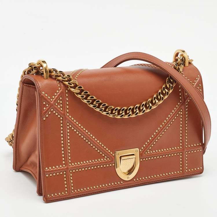 Pre Owned Dior Brown Leather Medium Diorama Studded Flap Shoulder Bag