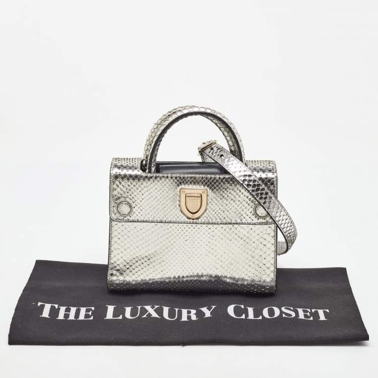 Pre Owned Dior Metallic Silver Python Mini Diorever Tote