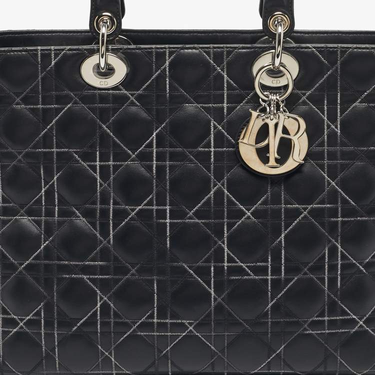 Pre Owned Dior Black Cannage Stitched Leather Large Lady Dior Tote