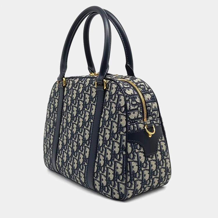 Pre Owned Dior Navy Blue Calf Leather Oblique D-Vibe Bowling Bag