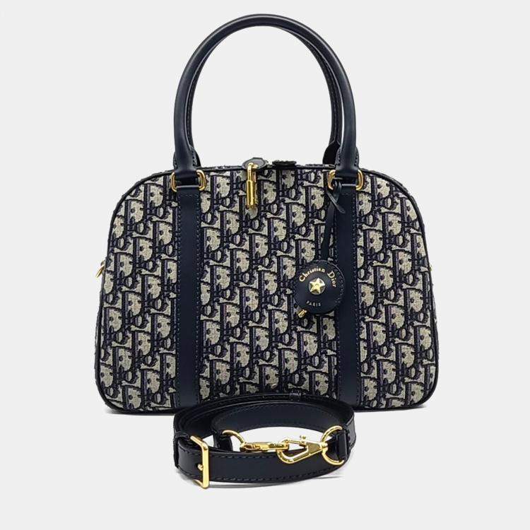 Pre Owned Dior Navy Blue Calf Leather Oblique D-Vibe Bowling Bag