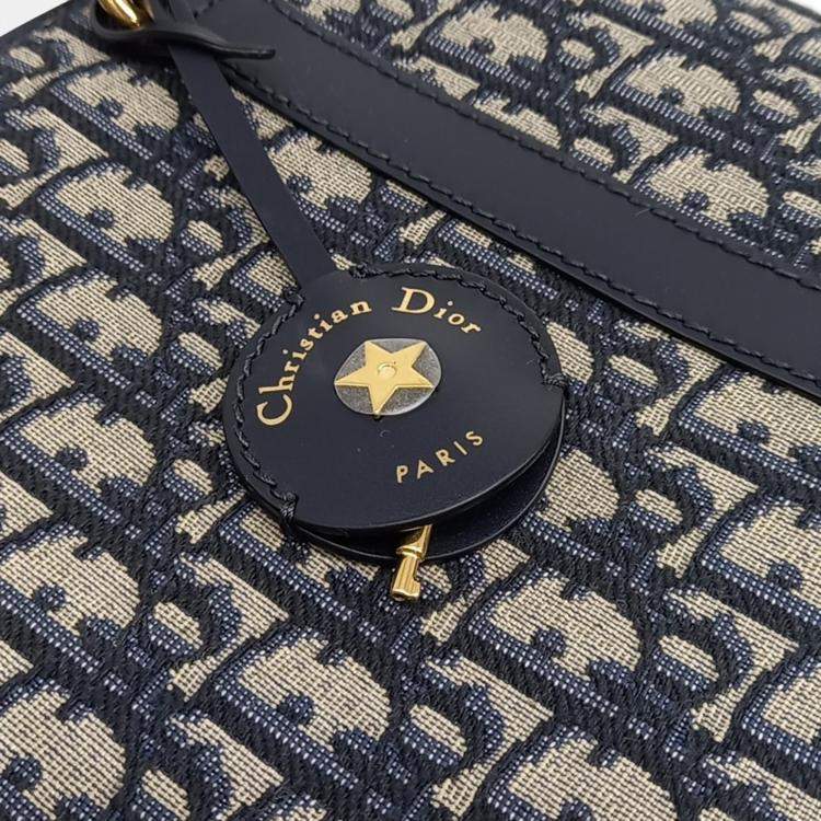 Pre Owned Dior Navy Blue Calf Leather Oblique D-Vibe Bowling Bag