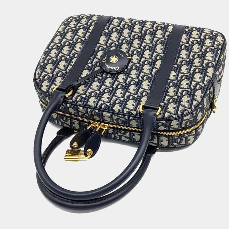 Pre Owned Dior Navy Blue Calf Leather Oblique D-Vibe Bowling Bag
