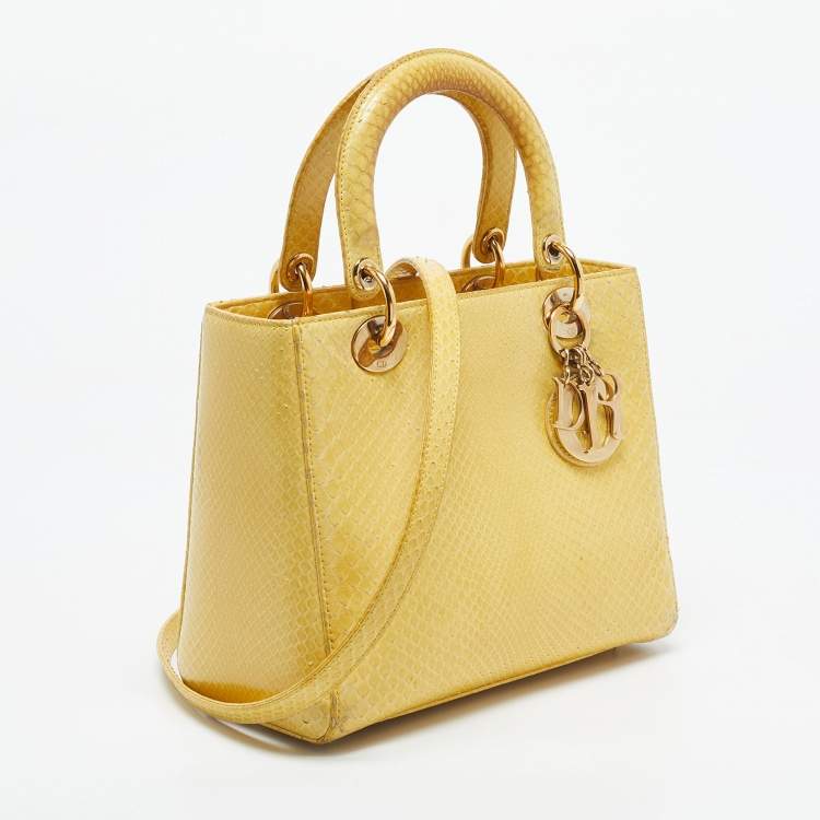 Pre Owned Dior Yellow Snakeskin Medium Lady Dior Tote