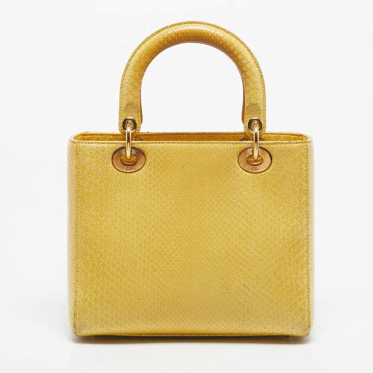 Pre Owned Dior Yellow Snakeskin Medium Lady Dior Tote
