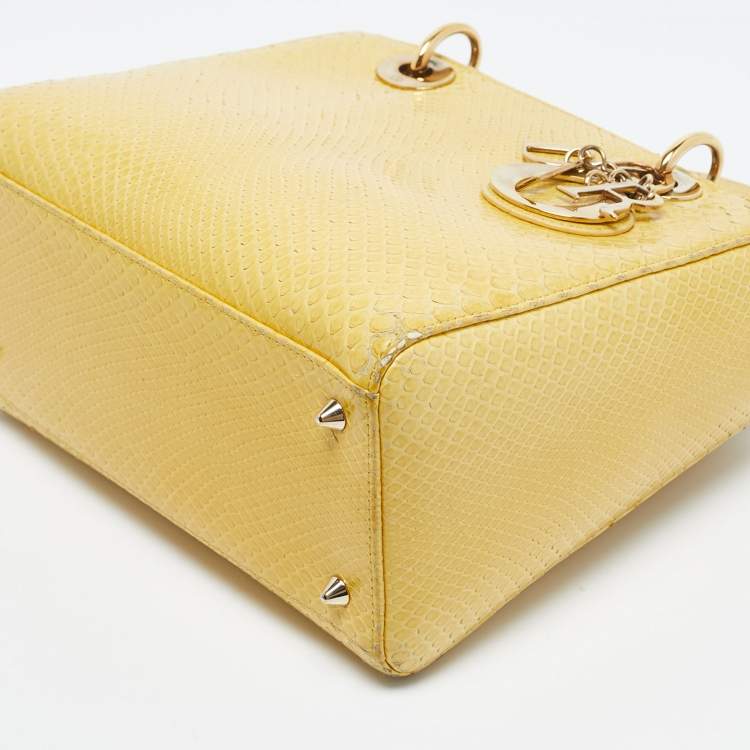 Pre Owned Dior Yellow Snakeskin Medium Lady Dior Tote