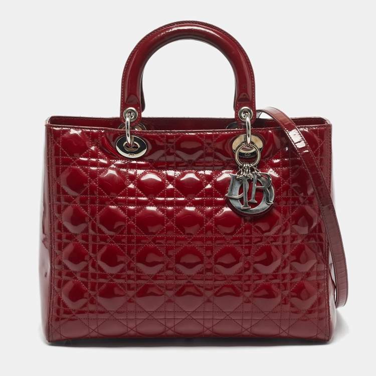 Pre Owned Dior Red Cannage Patent Leather Large Lady Dior Tote
