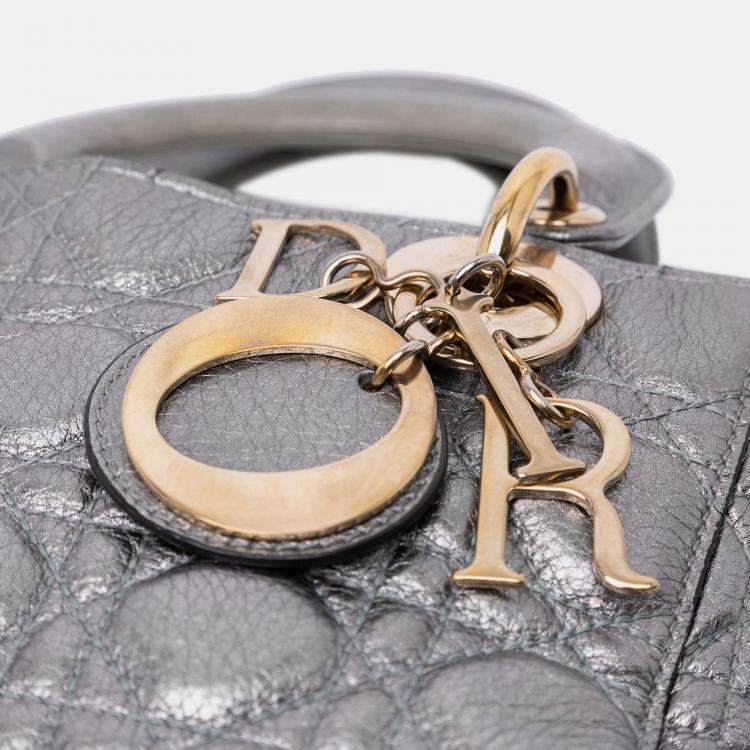 Pre Owned Dior Silver Small Metallic Grained Calfskin Cannage Supple Lady Dior