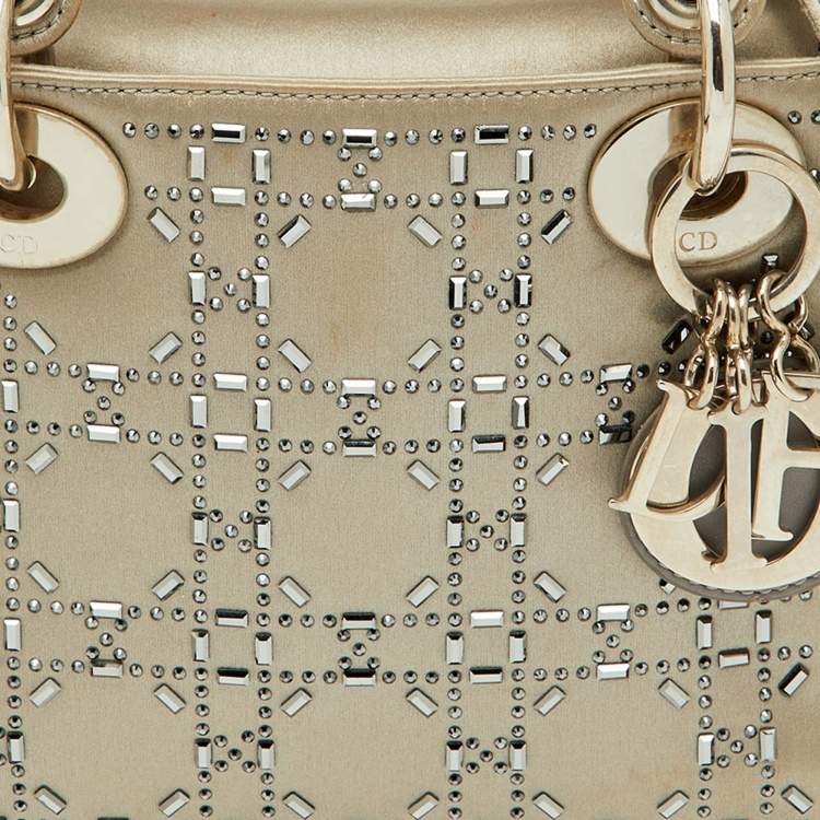 Pre Owned Dior Light Grey Satin Cannage Strass Crystal Embellished Mini Lady Dior Tote