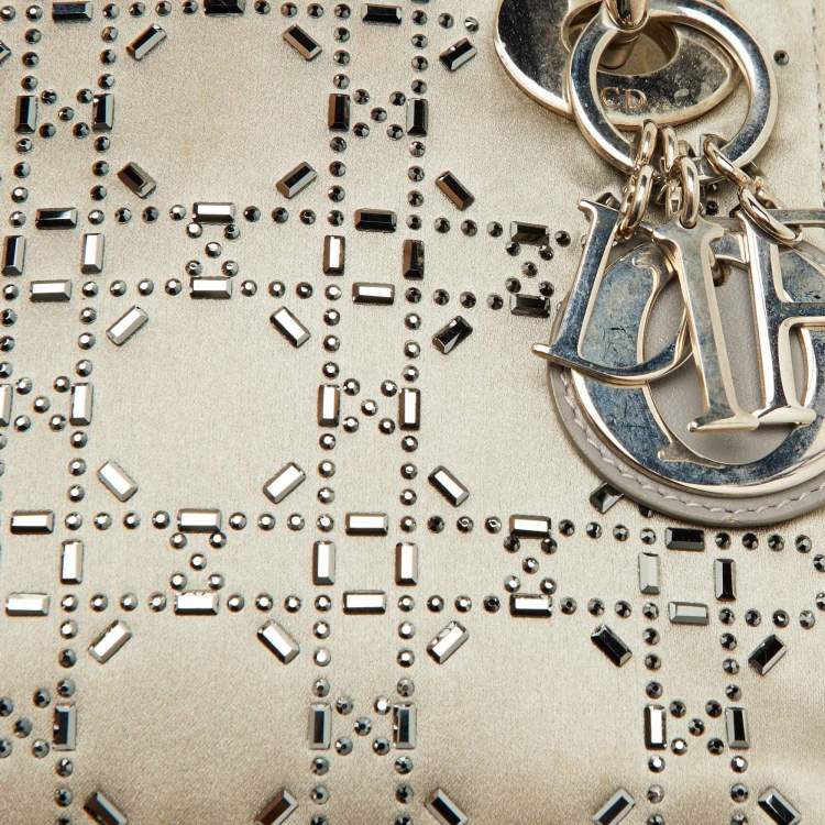 Pre Owned Dior Light Grey Satin Cannage Strass Crystal Embellished Mini Lady Dior Tote