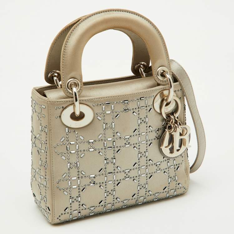 Pre Owned Dior Light Grey Satin Cannage Strass Crystal Embellished Mini Lady Dior Tote