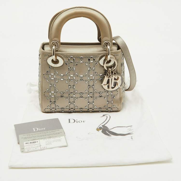 Pre Owned Dior Light Grey Satin Cannage Strass Crystal Embellished Mini Lady Dior Tote