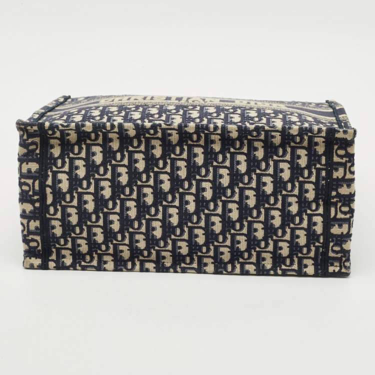 Pre Owned Dior Navy Blue Oblique Embroidered Canvas Medium Book Tote