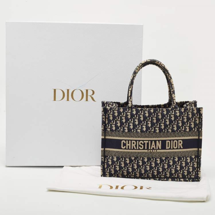 Pre Owned Dior Navy Blue Oblique Embroidered Canvas Medium Book Tote