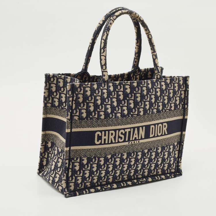 Pre Owned Dior Navy Blue Oblique Embroidered Canvas Medium Book Tote
