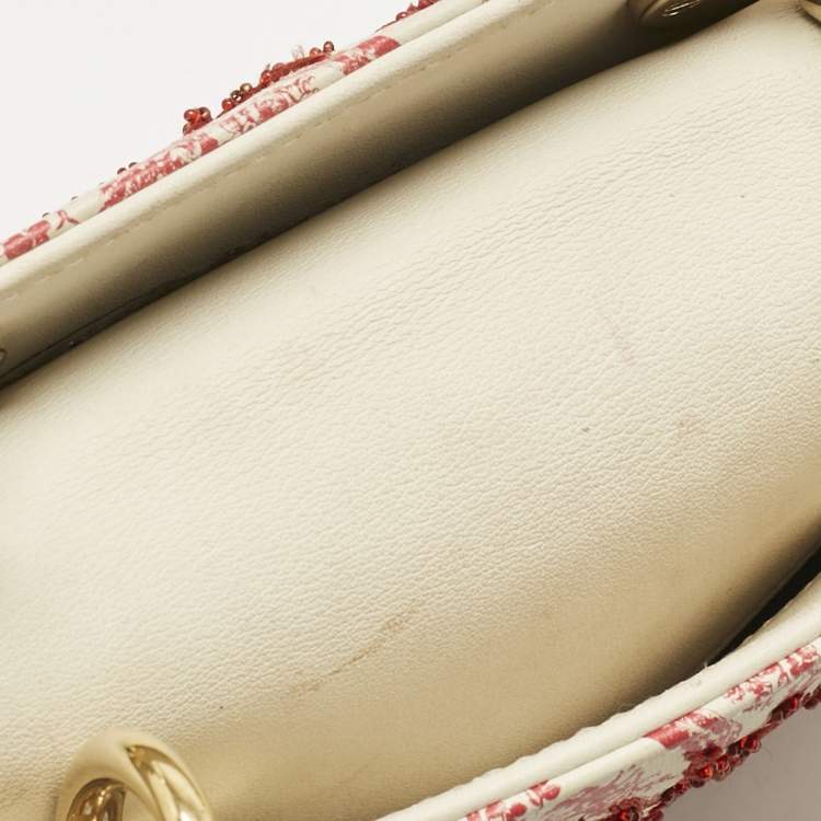 Pre Owned Dior Red/White Leather Mini Floral Embroidered Lady Dior Tote