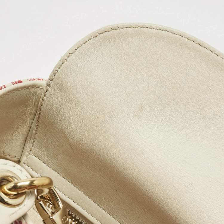 Pre Owned Dior Red/White Leather Mini Floral Embroidered Lady Dior Tote