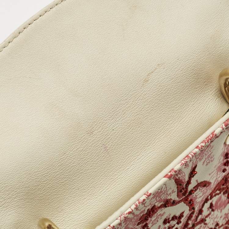 Pre Owned Dior Red/White Leather Mini Floral Embroidered Lady Dior Tote
