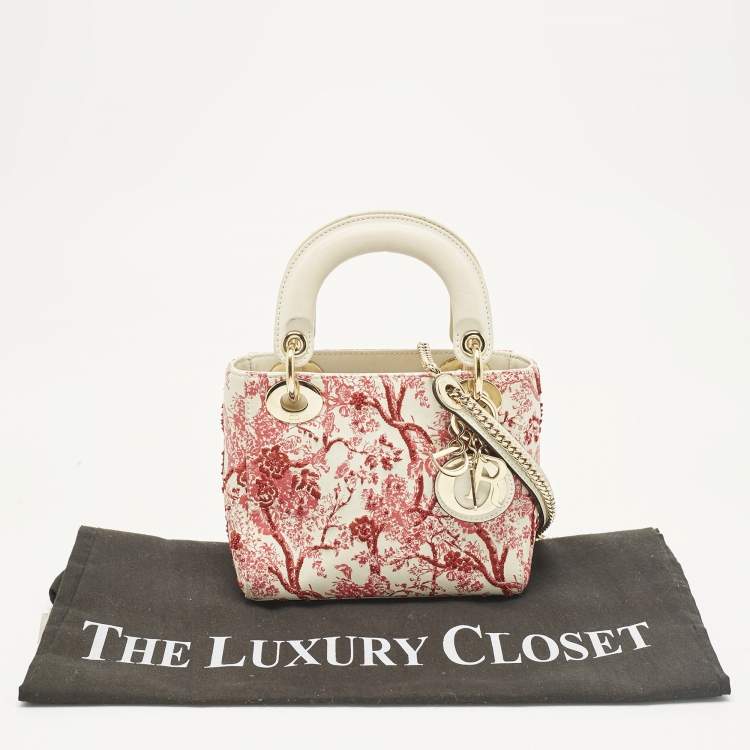 Pre Owned Dior Red/White Leather Mini Floral Embroidered Lady Dior Tote