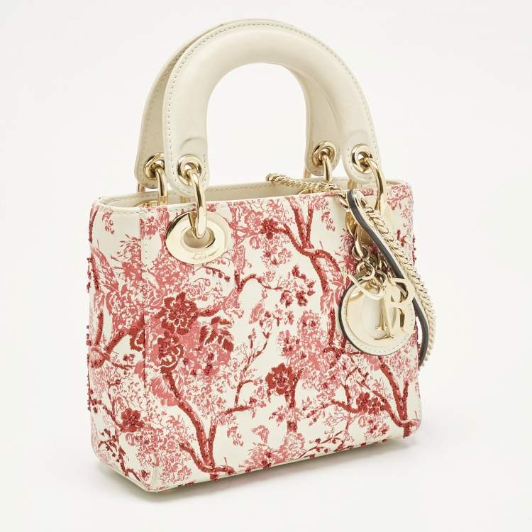 Pre Owned Dior Red/White Leather Mini Floral Embroidered Lady Dior Tote