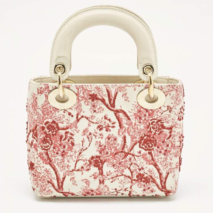 Pre Owned Dior Red/White Leather Mini Floral Embroidered Lady Dior Tote