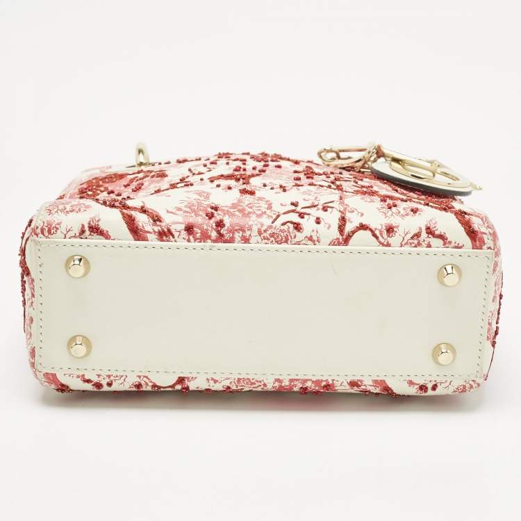 Pre Owned Dior Red/White Leather Mini Floral Embroidered Lady Dior Tote