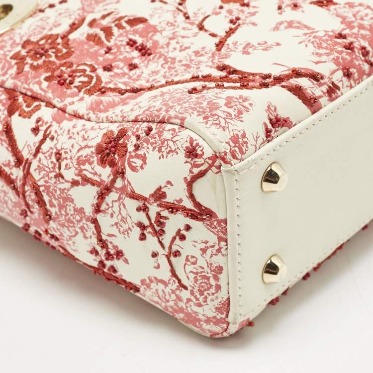 Pre Owned Dior Red/White Leather Mini Floral Embroidered Lady Dior Tote