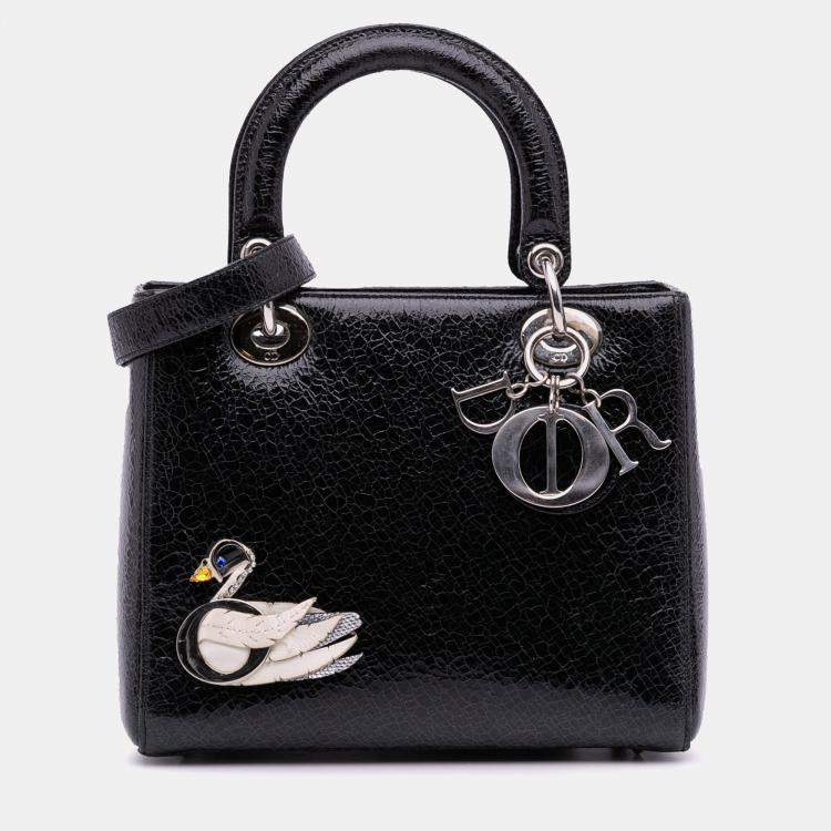 Pre Owned Dior Black Medium Ceramic Effect Deerskin Jeweled Swan Lady Dior