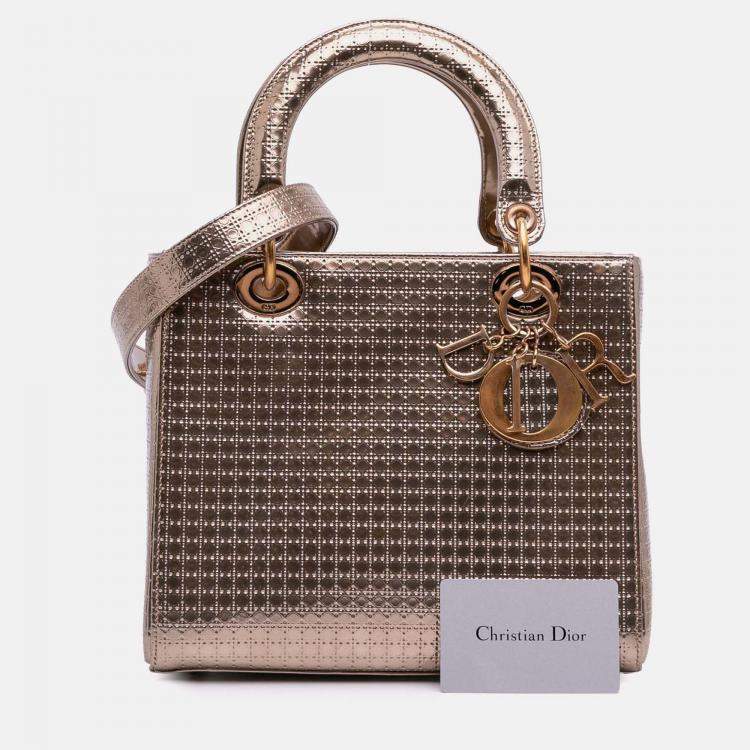 Pre Owned Dior Gold Medium Metallic Patent Microcannage Lady Dior