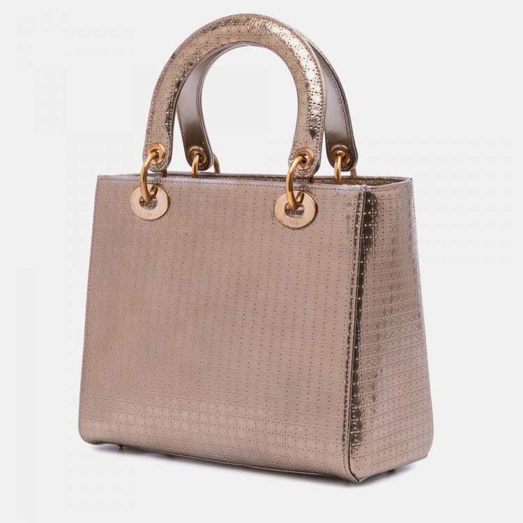 Pre Owned Dior Gold Medium Metallic Patent Microcannage Lady Dior