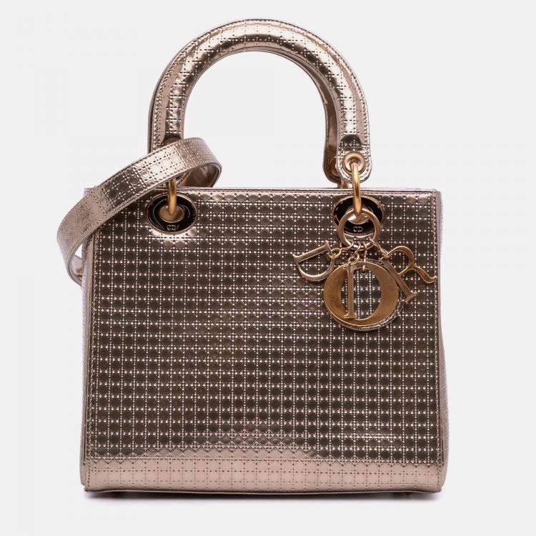 Pre Owned Dior Gold Medium Metallic Patent Microcannage Lady Dior