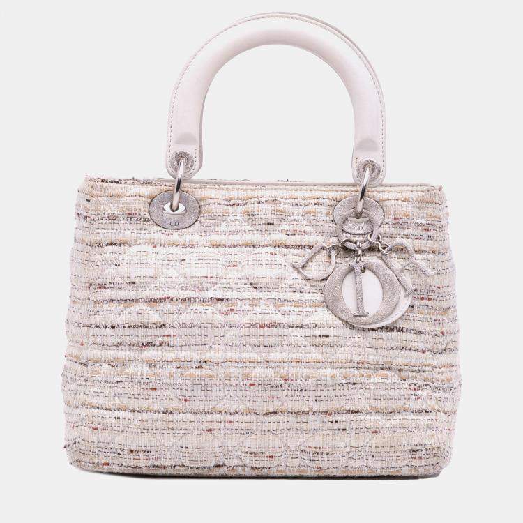 Pre Owned Dior White Medium Tweed Cannage Lady Dior