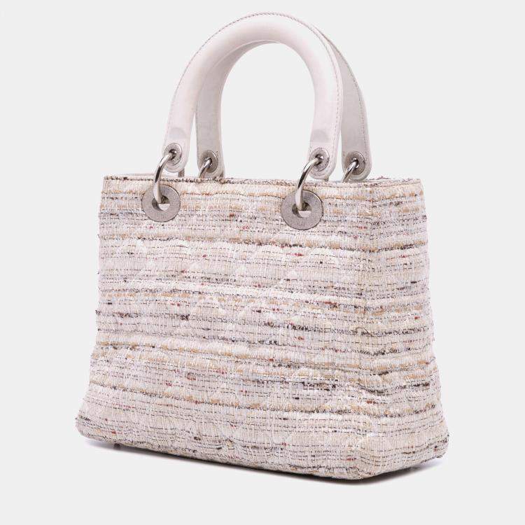Pre Owned Dior White Medium Tweed Cannage Lady Dior