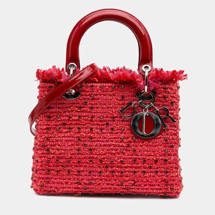 Pre Owned Dior Red Medium Tweed Fringe Rhinestone Lady Dior