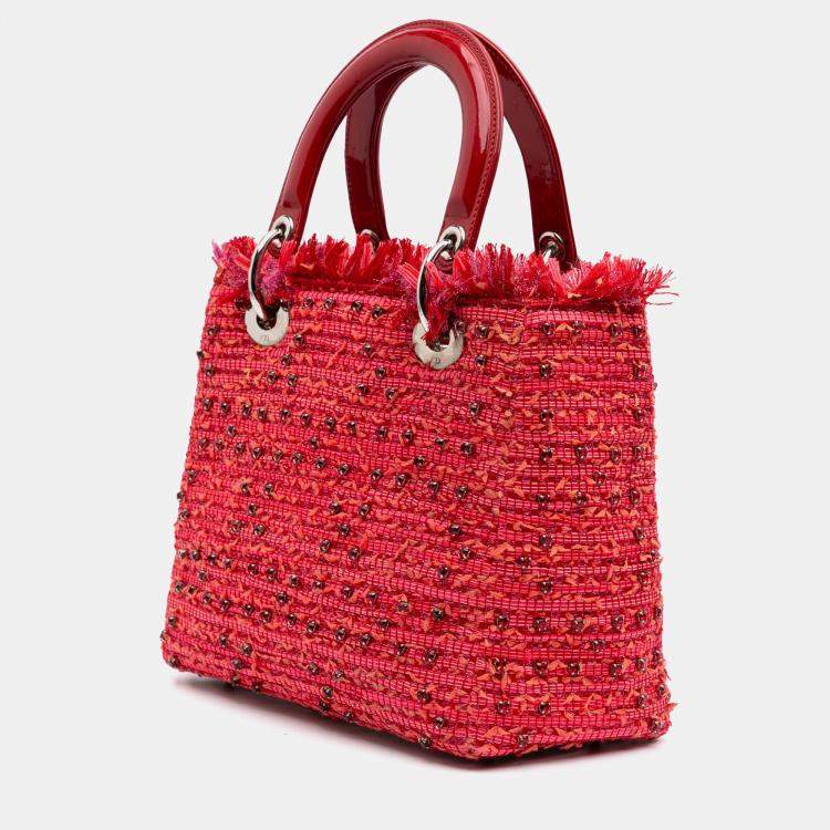 Pre Owned Dior Red Medium Tweed Fringe Rhinestone Lady Dior