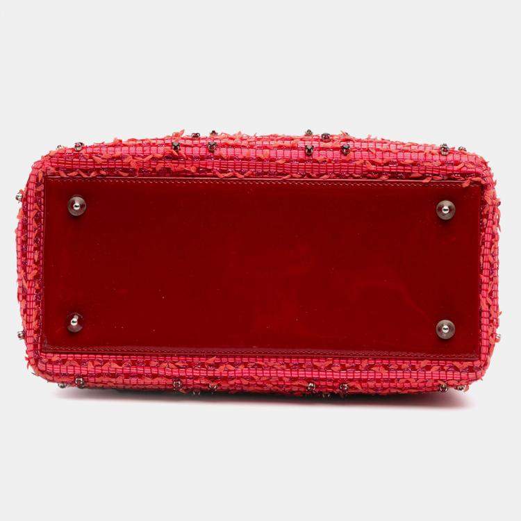 Pre Owned Dior Red Medium Tweed Fringe Rhinestone Lady Dior