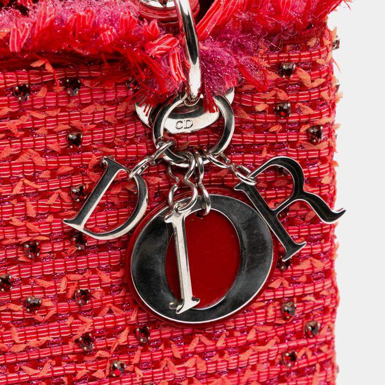Pre Owned Dior Red Medium Tweed Fringe Rhinestone Lady Dior