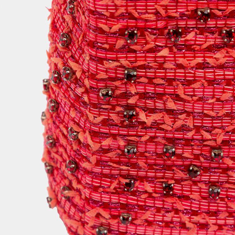 Pre Owned Dior Red Medium Tweed Fringe Rhinestone Lady Dior