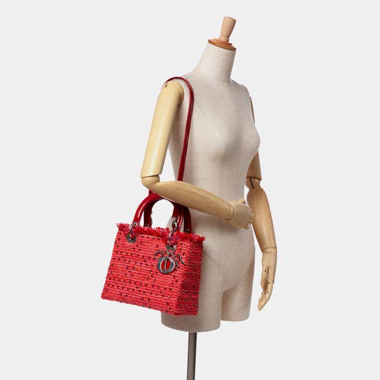 Pre Owned Dior Red Medium Tweed Fringe Rhinestone Lady Dior
