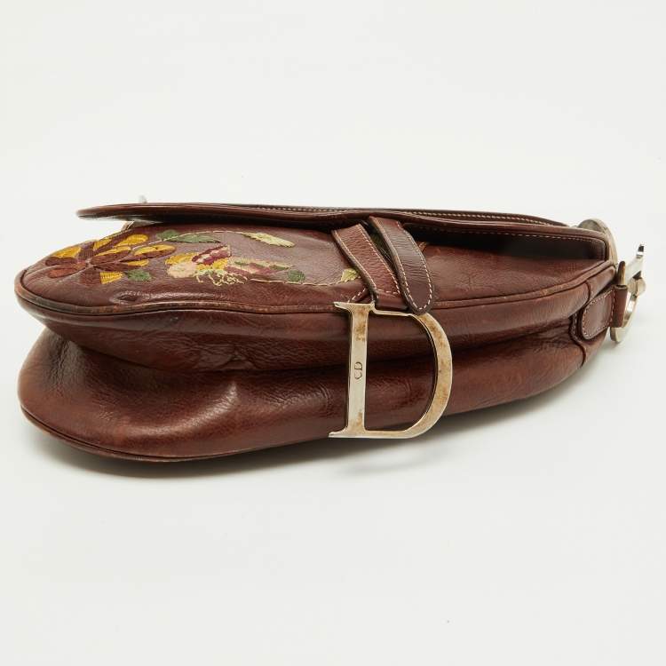 Pre Owned Dior Brown Leather Floral Embroidered Saddle Bag
