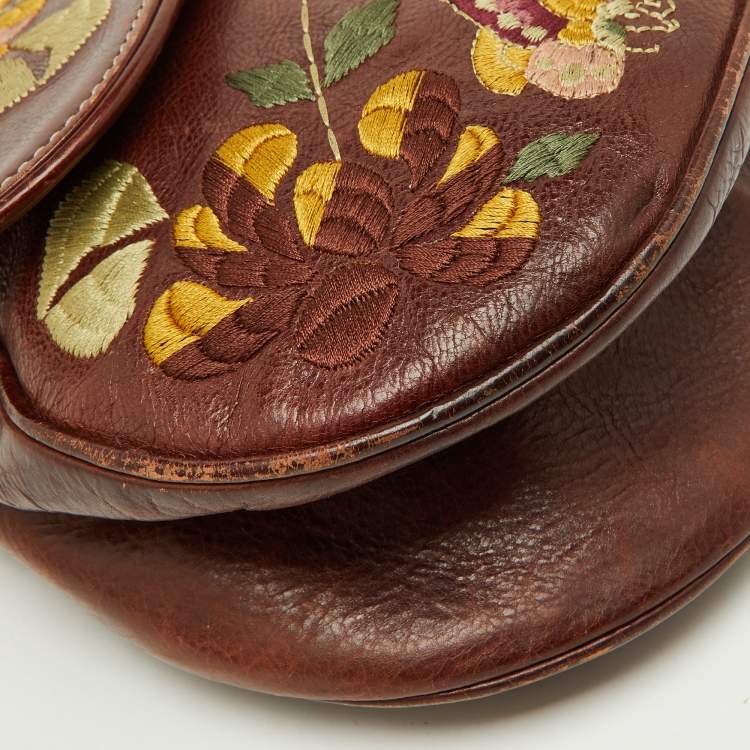 Pre Owned Dior Brown Leather Floral Embroidered Saddle Bag