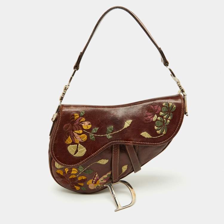 Pre Owned Dior Brown Leather Floral Embroidered Saddle Bag