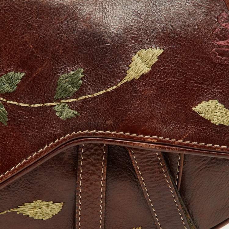 Pre Owned Dior Brown Leather Floral Embroidered Saddle Bag