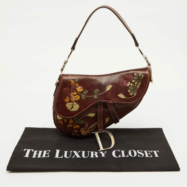 Pre Owned Dior Brown Leather Floral Embroidered Saddle Bag