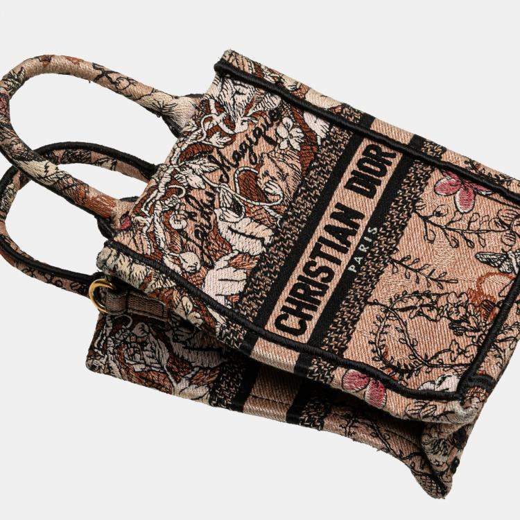 Pre Owned Dior Pink Mini Embroidered Canvas Jardin Magique Vertical Book Tote