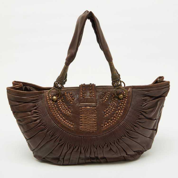 Pre Owned Dior Brown Pleated Leather Plisse Hobo