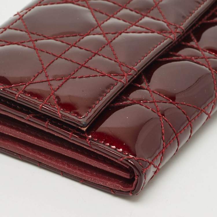 Pre Owned Dior Dark Red Cannage Patent Leather Lady Dior Wallet on Chain