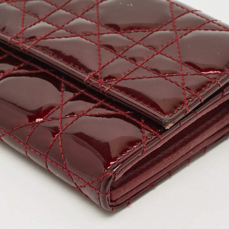 Pre Owned Dior Dark Red Cannage Patent Leather Lady Dior Wallet on Chain
