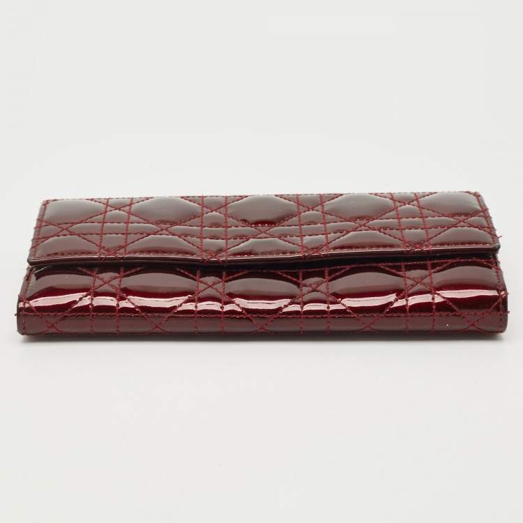 Pre Owned Dior Dark Red Cannage Patent Leather Lady Dior Wallet on Chain