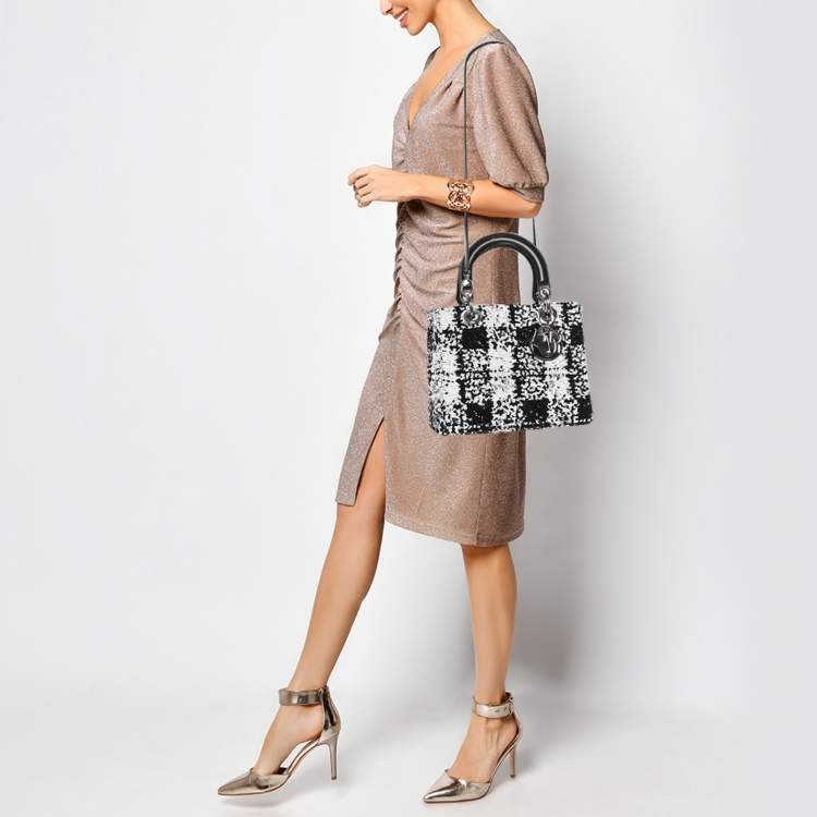 Pre Owned Dior Black/White Sequins and Leather Medium Lady Dior Tote